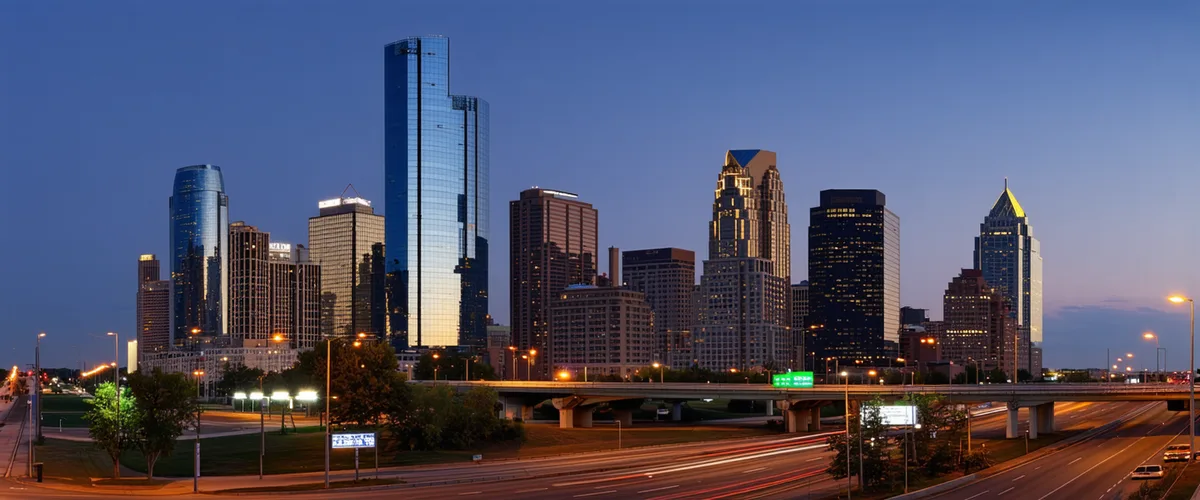 Dallas Texas downtown skyline at dusk representing the city's role as a major US freight and logistics corridor hub