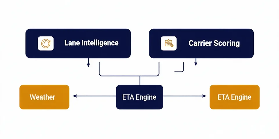 Freightglint platform architecture showing four modules: Lane Intelligence, Carrier Scoring, Weather Overlay, and ETA Engine connected in a workflow